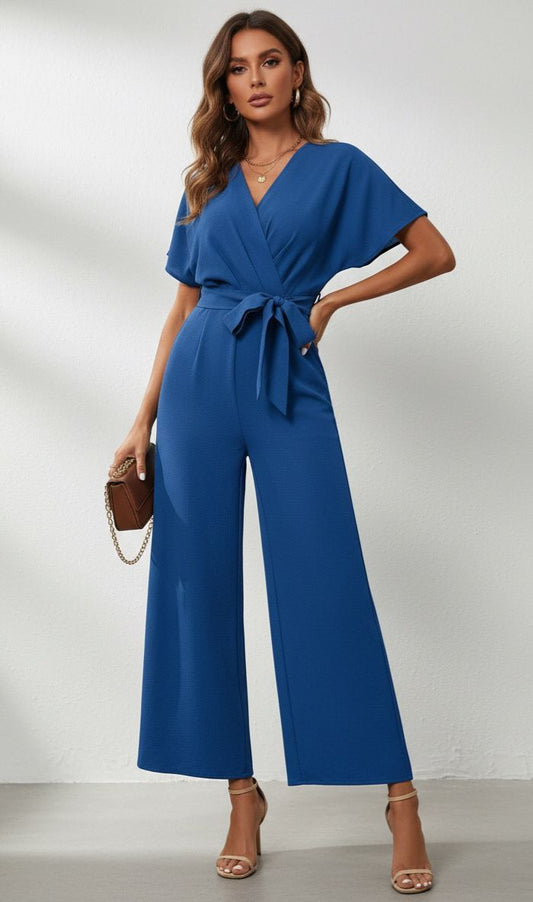 Jumpsuit De Pierna Ancha y Cuello En V azul