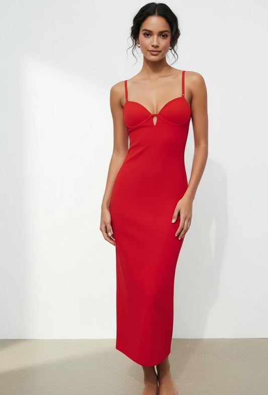 Vestido midi ajustado con bra rojo de tirantes