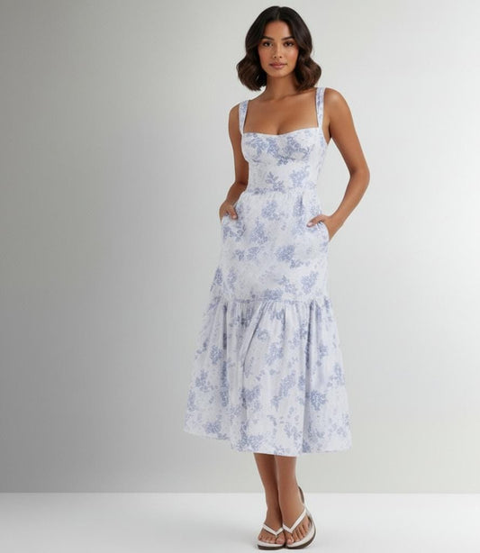 Vestido celeste estampado, con bolsillo sin mangas estilo midi