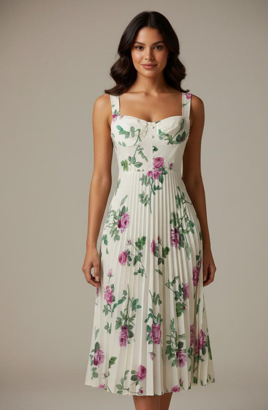 Vestido perla largo con perlitas en el pecho estampado floral