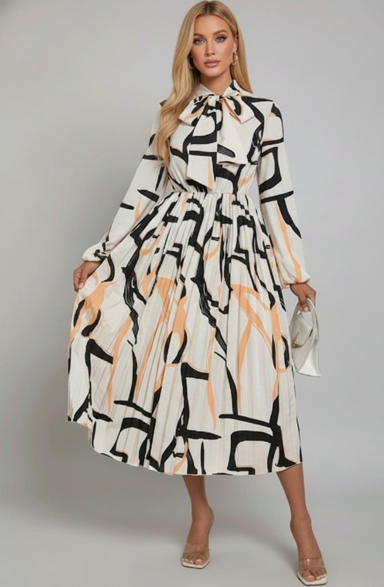 Vestido manga larga estampado negro con naranja